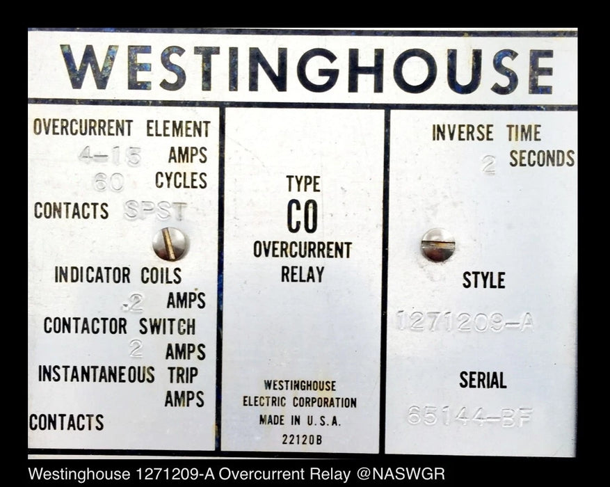 Westinghouse overcurrent relay with specifications on a white background