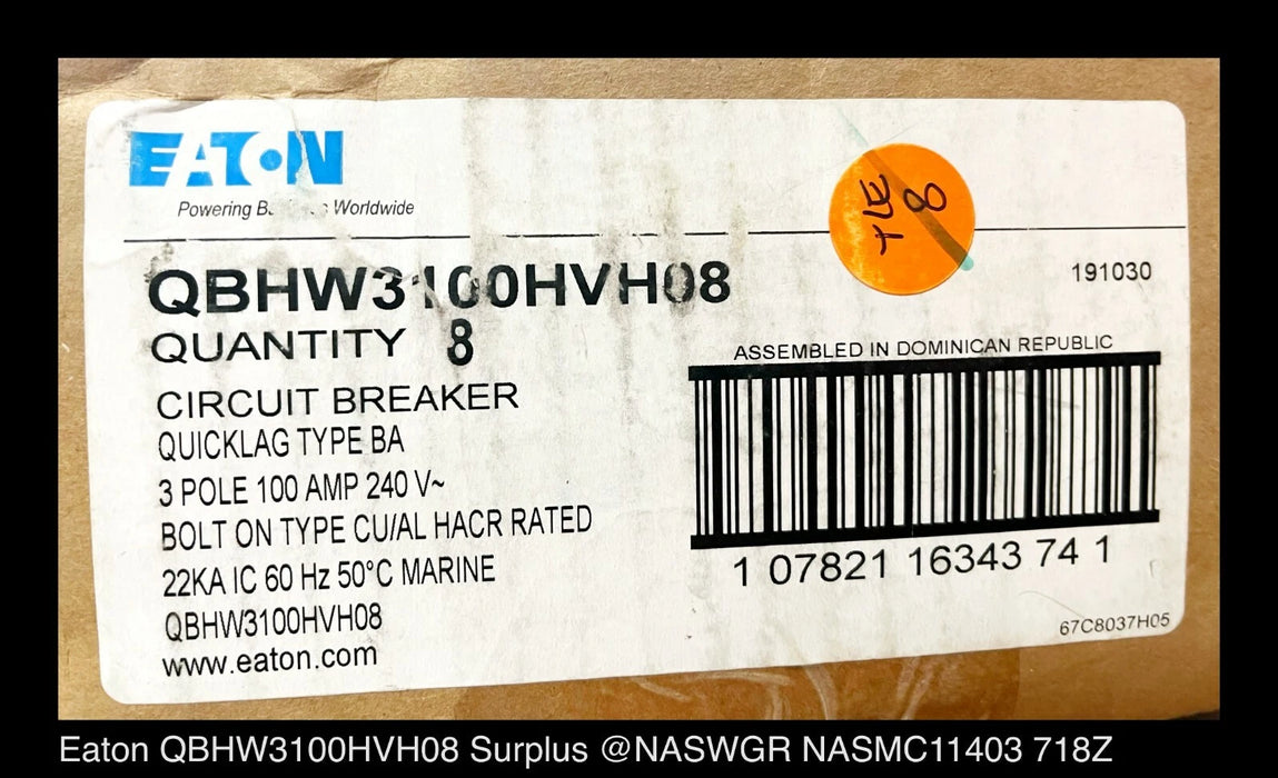 Eaton QBHW3100HVH08 Molded Case Circuit Breaker Marine Duty - 100 Amp - Unused