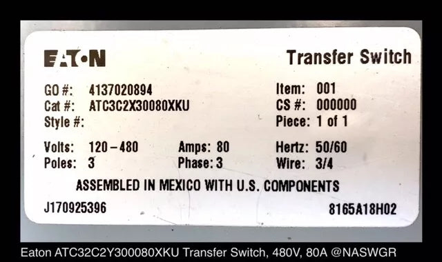 Eaton ATC3C2X30080XKU Automatic Transfer Switch - 80A/120-480V/3P - Unused