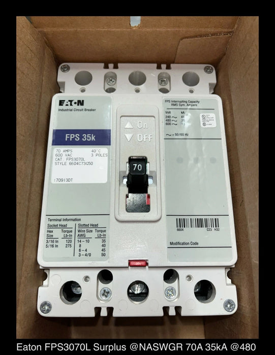 Eaton FPS3070L Molded Case Circuit Breaker - 70 Amp - Unused Surplus