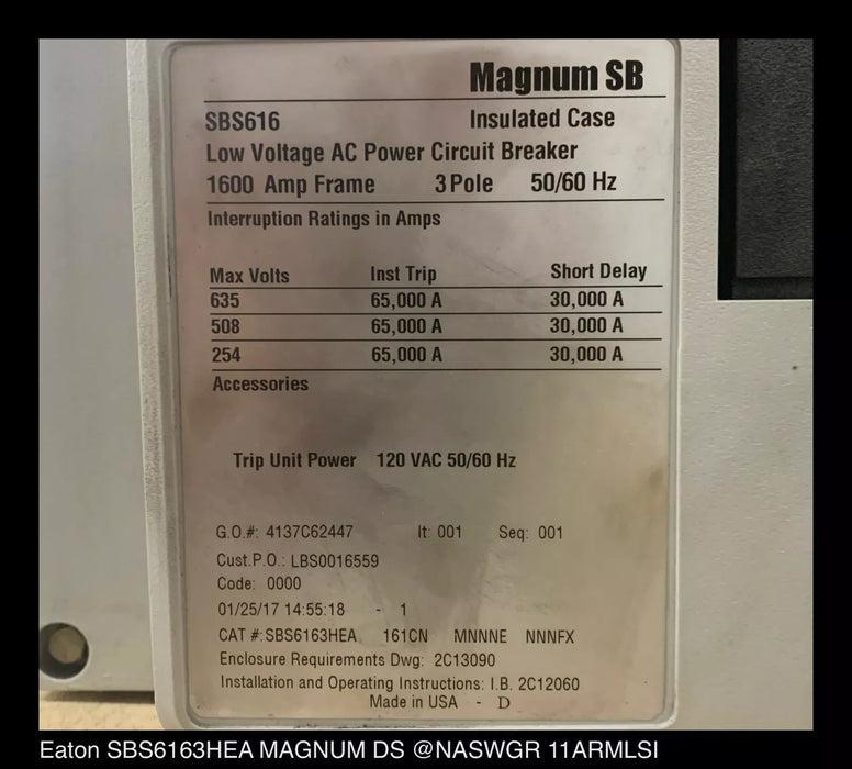 Eaton Magnum SB SBS616 Breaker (M/O,B/I) - 1600 Amp - Tested/1Yr Warranty