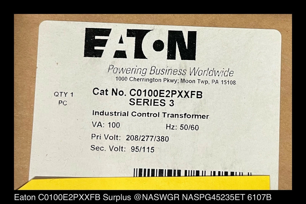 Eaton C0100E2PXXFB 100VA Industrial Control Transformer - Surplus