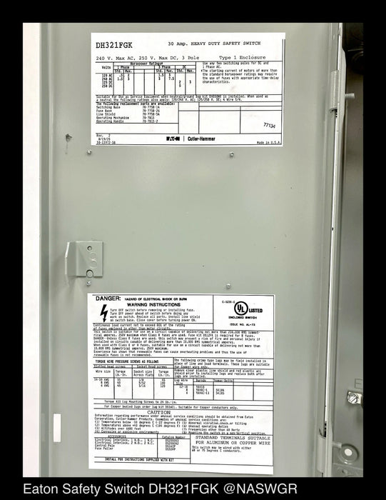 Eaton DH321FGK Heavy Duty Safety Switch - 30A/240V/3P/N1 - Unused