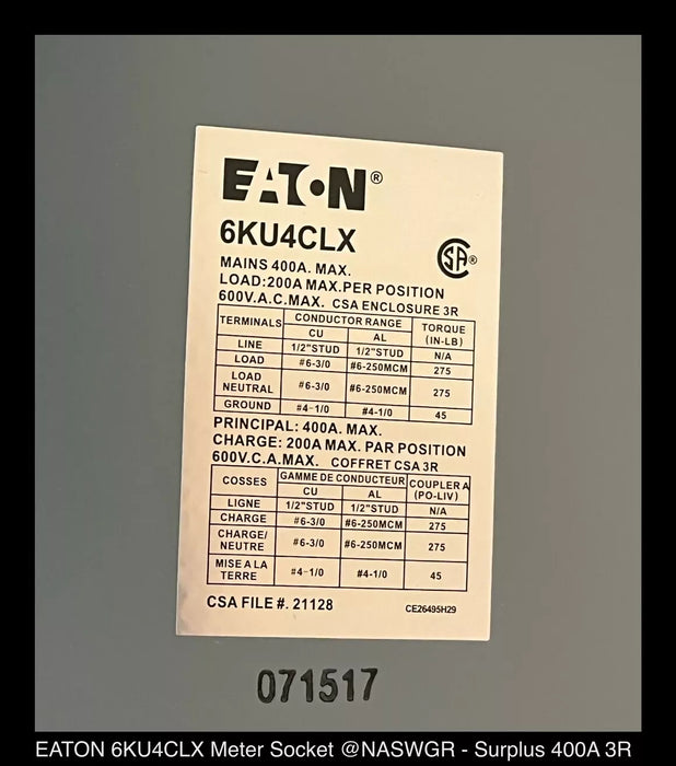 Eaton 6KU4CLX Multi-Gang Meter Socket - 400A/600V/N3R/6Gang - Unused