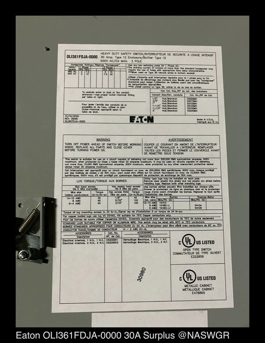 Eaton OLI361FDJA-0000 Heavy Duty Safety Switch - 30A/600V/3P3W/N12 - Unused