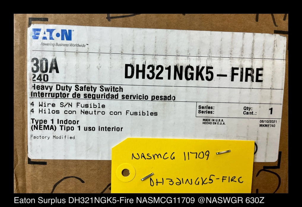Eaton DH321NGK5-Fire Heavy Duty Safety Switch - 30A/240V/3P/N1 - Unused