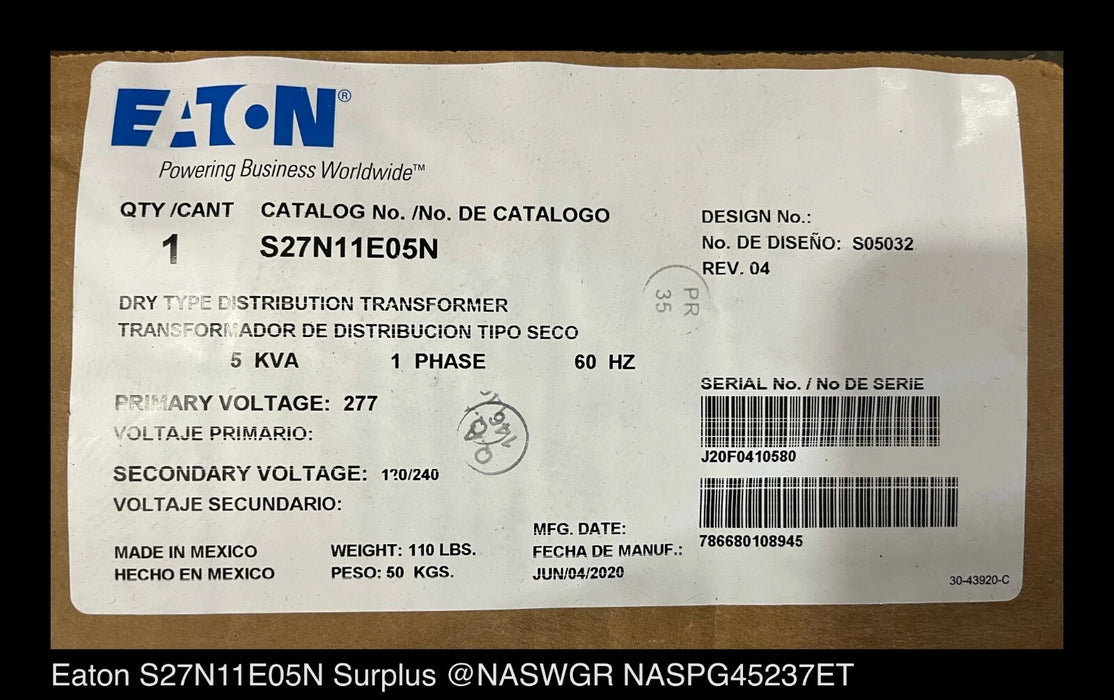 Eaton S27N11E05N General Purpose Encapsulated Transformer - 5kVA - Unused