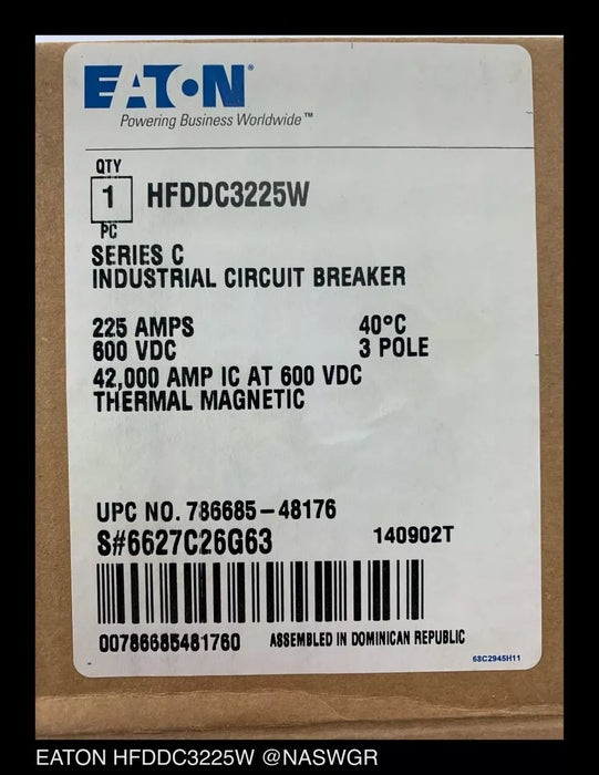 Eaton HFDDC3225W Molded Case DC Circuit Breaker - 225 Amp - Unused