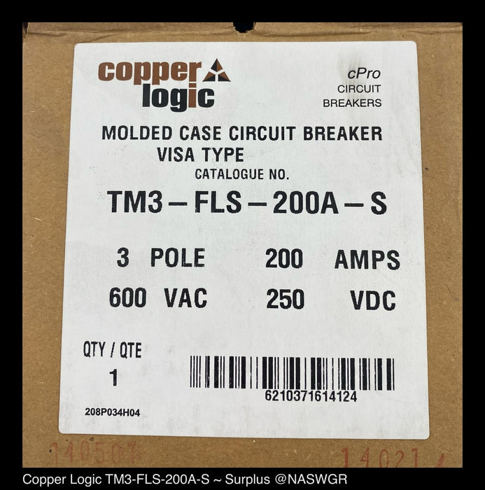 Copper Logic TM3-FLS-200A-S Molded Case Circuit Breaker - 200 Amp - Unused