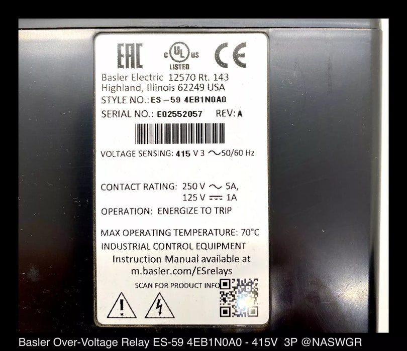 Basler Electric ES-59 4EB1N0A0 Over Voltage Relay - Unused Surplus