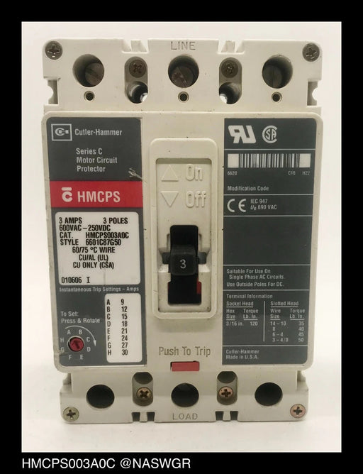 Cutler Hammer HMCPS003A0C Motor Circuit Protector - 3 Amp - Tested/1Yr Warranty