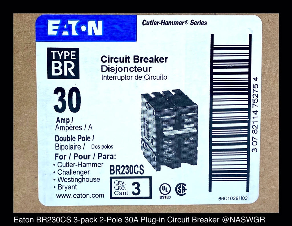 Eaton BR230CS Circuit Breaker - 2P-30 Amp - 3 Pack (Clamshell) - Unused Surplus