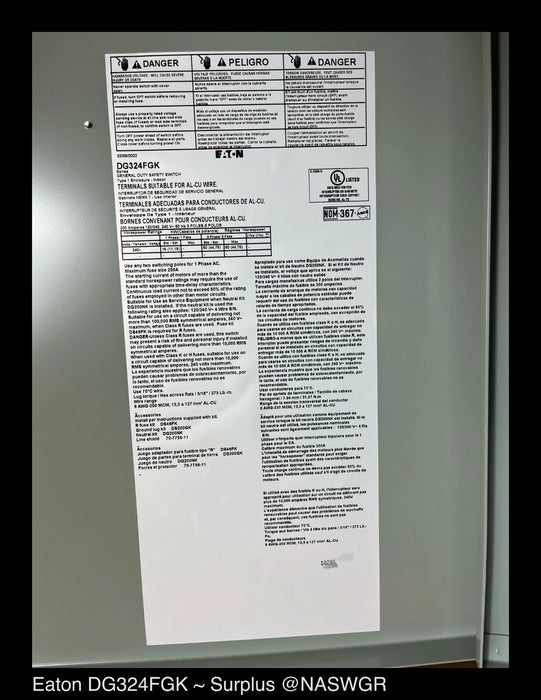 Eaton DG324FGK General Duty Safety Switch - 200A/240V/3P/N1 - Unused