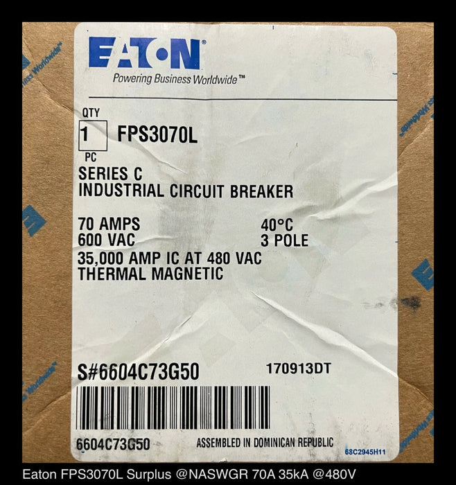 Eaton FPS3070L Molded Case Circuit Breaker - 70 Amp - Unused Surplus