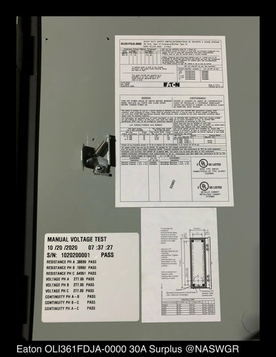 Eaton OLI361FDJA-0000 Heavy Duty Safety Switch - 30A/600V/3P3W/N12 - Unused