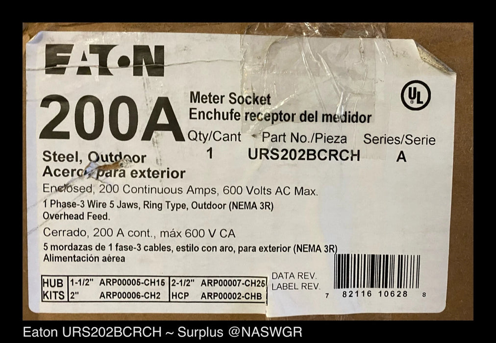 Eaton URS202BCRCH Single Meter Socket 200A/600V - Surplus