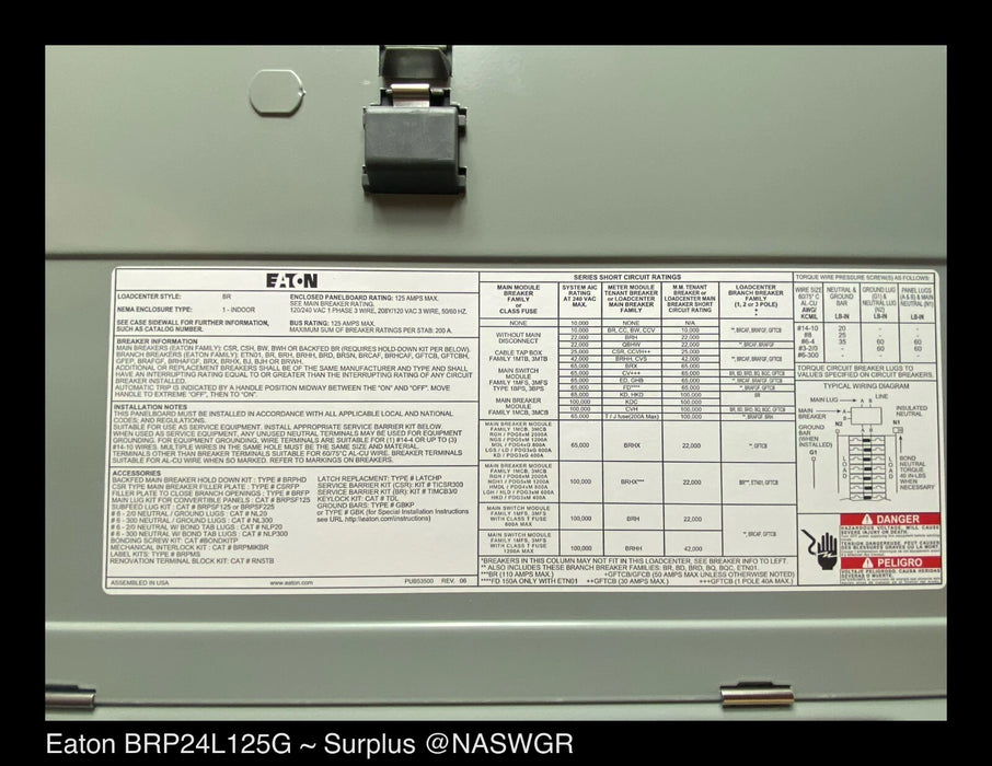 Eaton BRP24L125G Eaton BR Main Lug Load-Center 125A,120/240V - Unused