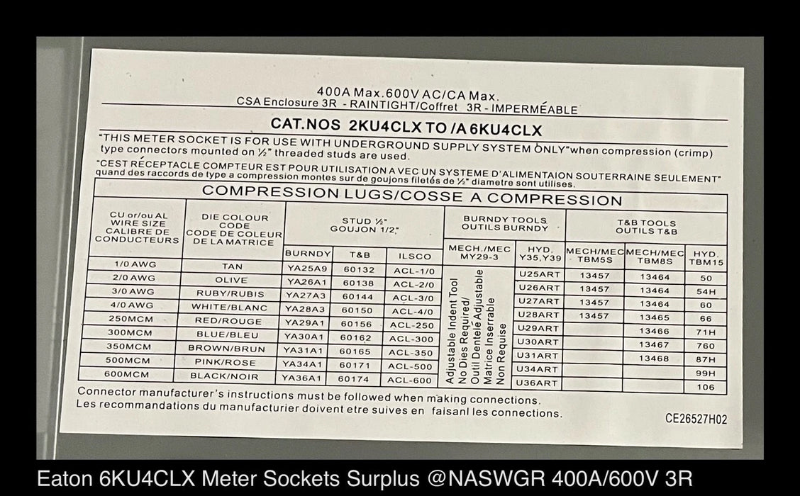 Eaton 6KU4CLX Multi-Gang Meter Socket - 400A/600V/N3R/6Gang - Unused