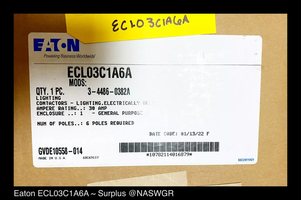 Eaton ECL03C1A6A Electrically Held Lighting Contactor A202 SERIES, 30A - Unused