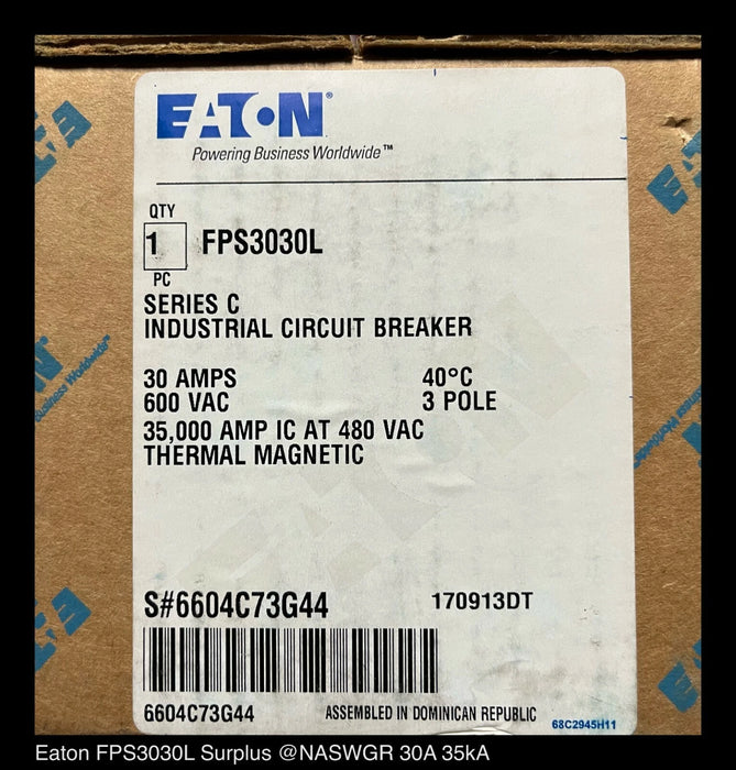 Eaton FPS3030L Molded Case Circuit Breaker - 30 Amp - Unused Surplus