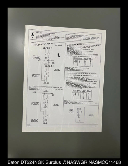 Eaton DT224NGK Heavy Duty Double Throw Safety Switch -200A/240V/2P/N1- Unused