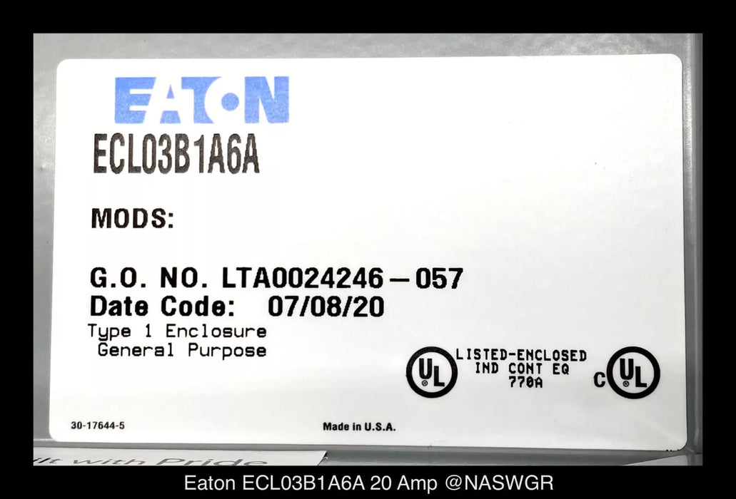 Eaton ECL03B1A6A Electrically Held Lighting Contactor - 20 Amp - Unused Surplus