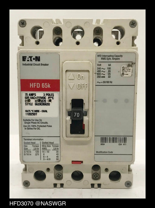 Eaton HFD3070 Molded Case Circuit Breaker - 70 Amp - Tested/1Yr Warranty