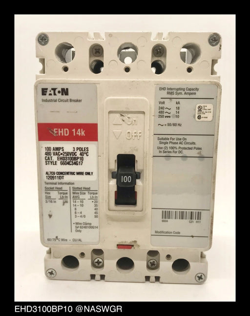 Eaton EHD3100BP10 Molded Case Circuit Breaker - 100 Amp - Tested/1Yr Warranty