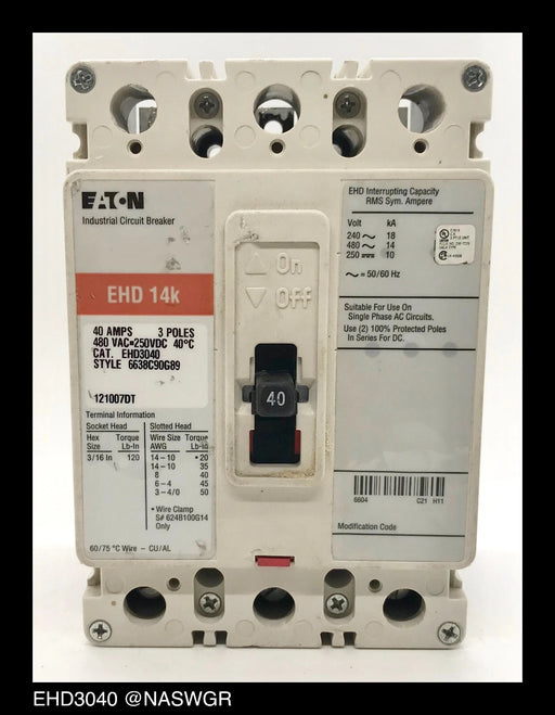 Eaton EHD3040 Molded Case Circuit Breaker - 40 Amp - Tested/1Yr Warranty