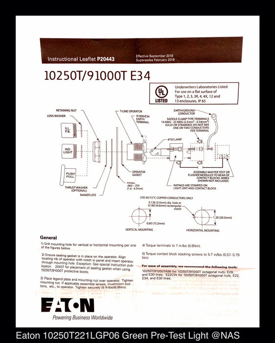 Eaton 10250TT221LGP06 Pre-Test Indicating Light 120Volt - New Surplus