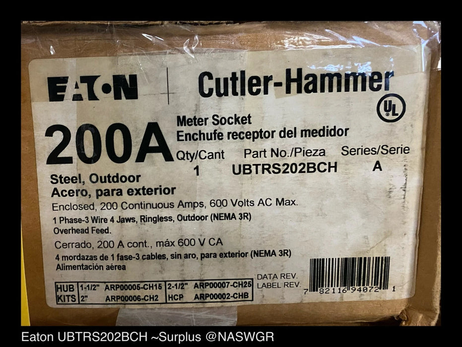 Eaton UBTRS202BCH Single Meter Socket 200A/600V - Unused
