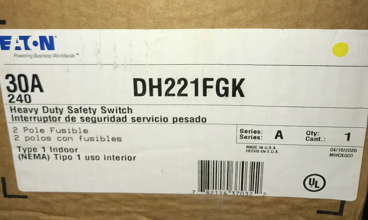 Eaton DH221FGK Heavy Duty Safety Switch - 30A/240V/2P/N1 - Unused
