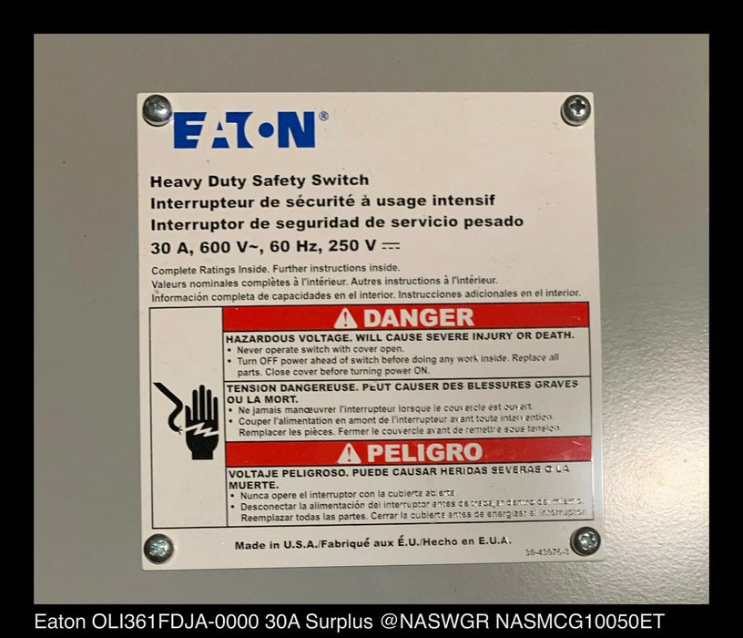 Eaton OLI361FDJA-0000 Heavy Duty Safety Switch - 30A/600V/3P3W/N12 - Unused