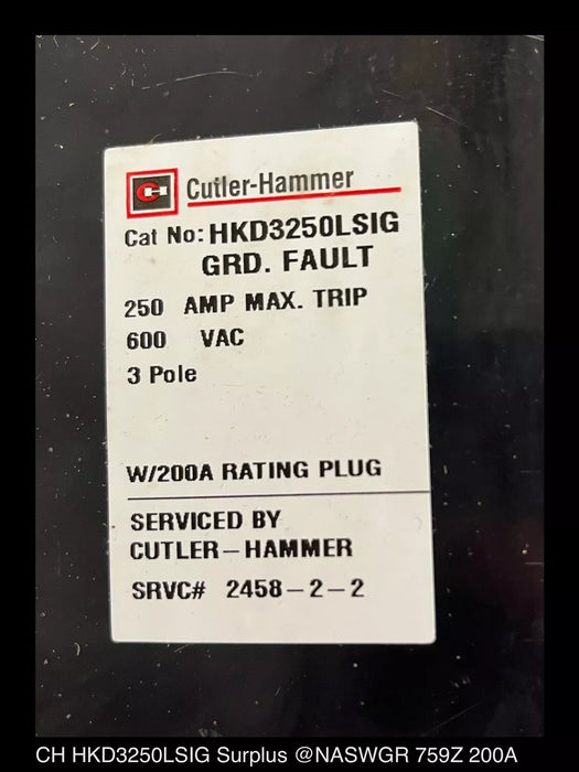 Cutler Hammer HKD3250LSIG Molded Case Circuit Breaker -200 Amp- Unused/Warranty