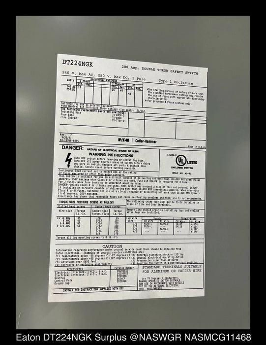 Eaton DT224NGK Heavy Duty Double Throw Safety Switch -200A/240V/2P/N1- Unused