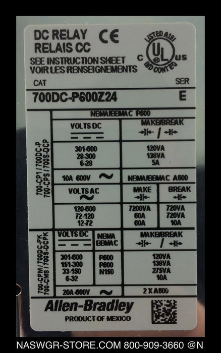 Allen Bradley 700DC-P600Z24 Control Relay - Unused Surplus