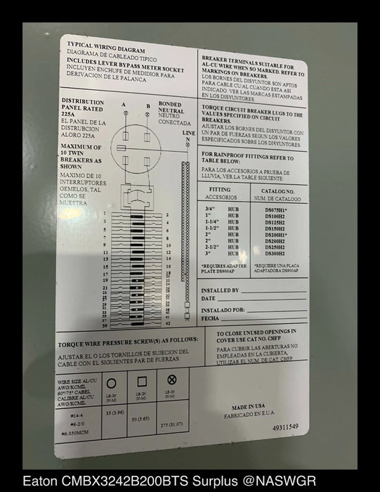Eaton CMBX3242B200BTS Residential Meter Breaker - 200A/240V/N3R - Unused