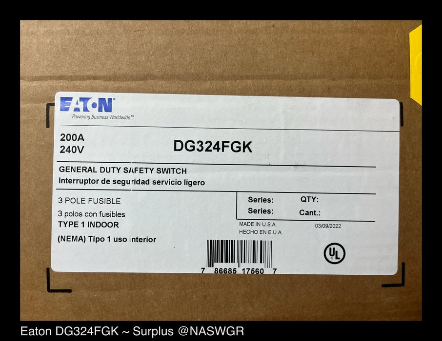 Eaton DG324FGK General Duty Safety Switch - 200A/240V/3P/N1 - Unused