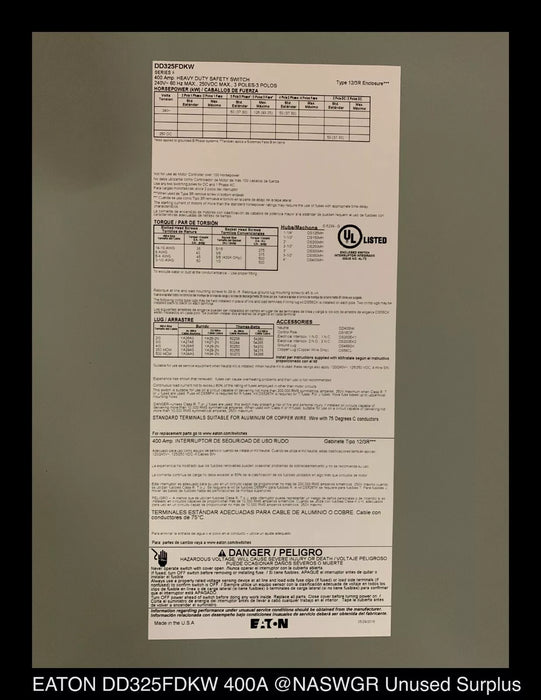 Eaton DD325FDKW Heavy Duty Double Door Safety Switch - 400A/240v/N12/3R - Unused