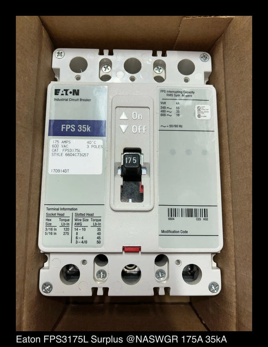 Eaton FPS3175L Molded Case Circuit Breaker - 175 Amp - Unused Surplus