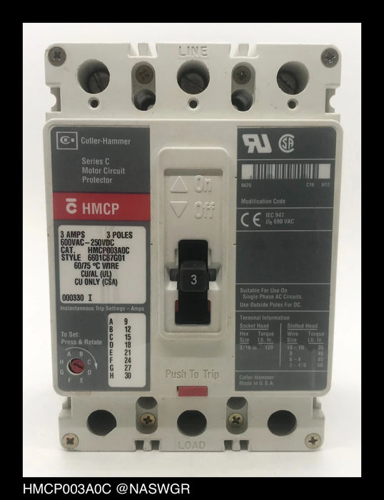 Cutler Hammer HMCP003A0C Motor Circuit Protector - 3 Amp
