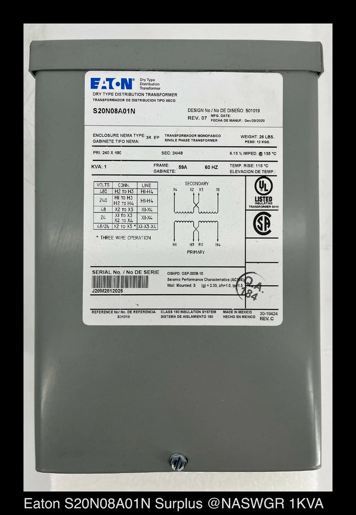 Eaton S20N08A01N Boost/Buck Encapsulated Transformer 1 KVA - Surplus