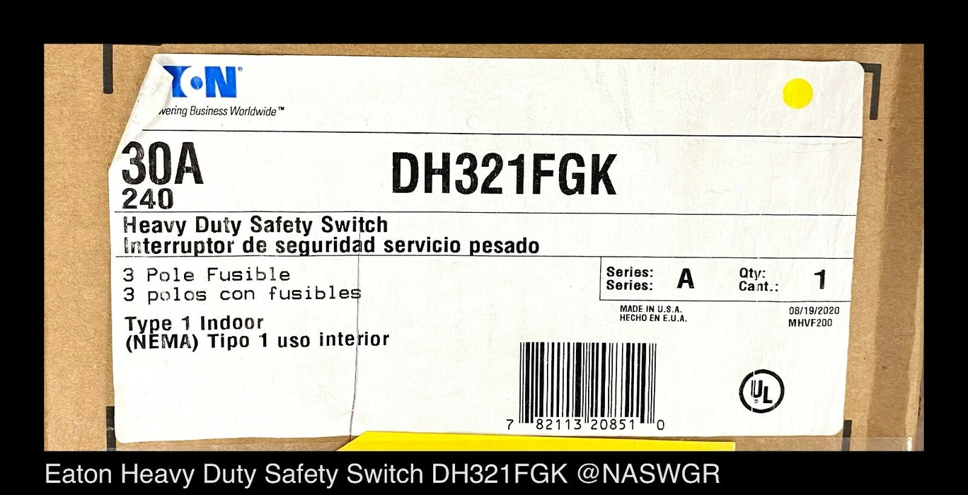 Eaton DH321FGK Heavy Duty Safety Switch - 30A/240V/3P/N1 - Unused
