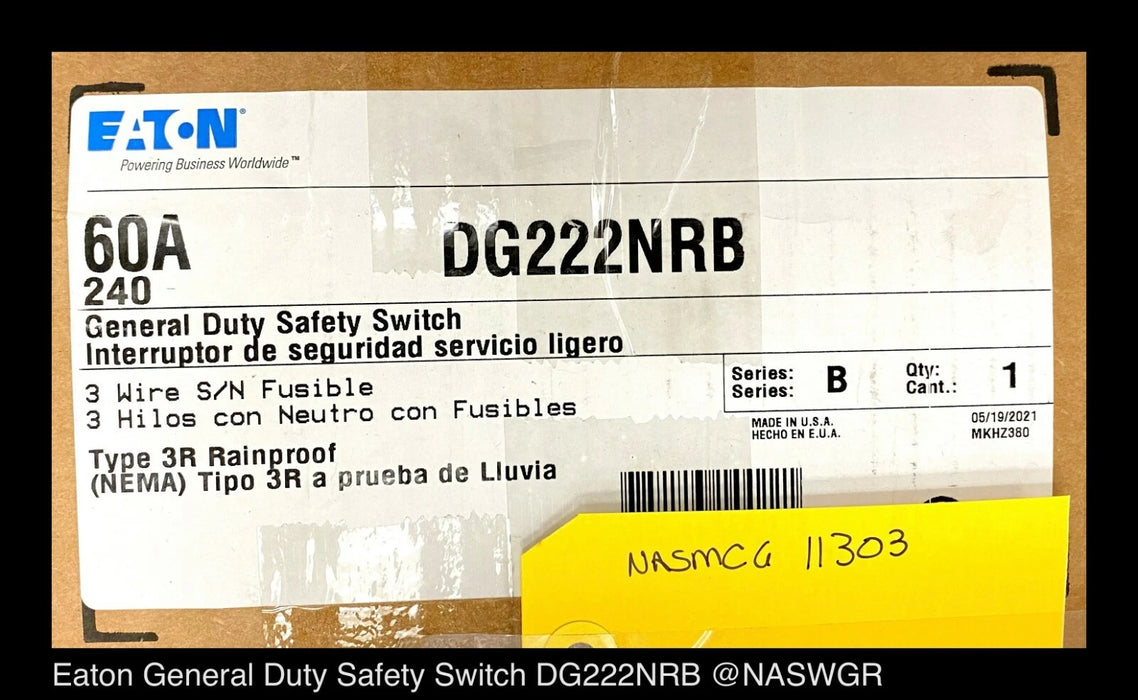 Eaton DG222NRB General Duty Safety Switch - 60A/240V/2P3W/N3R - Unused
