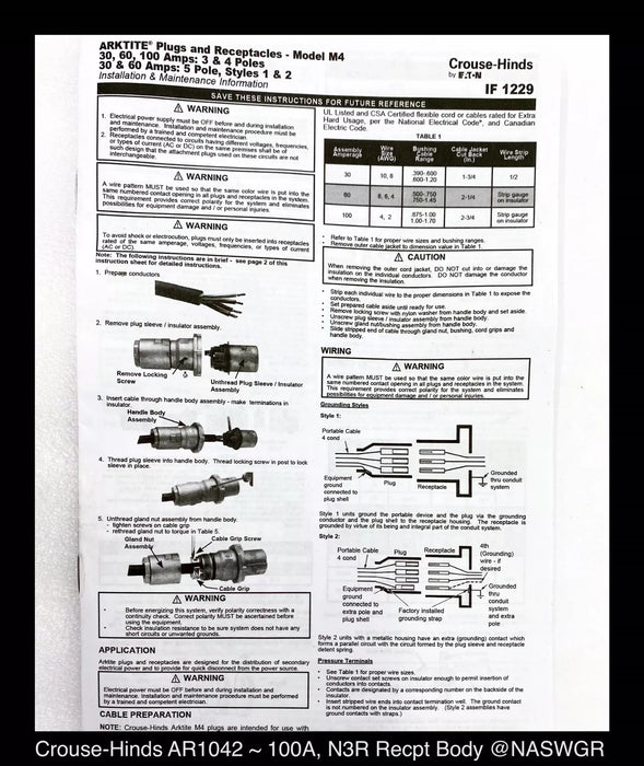 Eaton Crouse-Hinds AR1042 Series Arktite AR Receptacle 100A, 600VAC, 250VDC