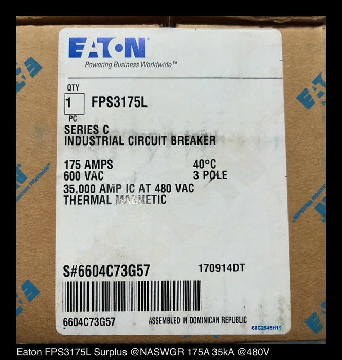 Eaton FPS3175L Molded Case Circuit Breaker - 175 Amp - Unused Surplus