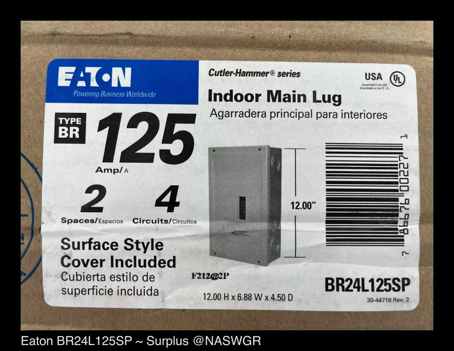 Eaton BR24L125SP BR Main Lug Load-Center 125A, 120/240V - Unused