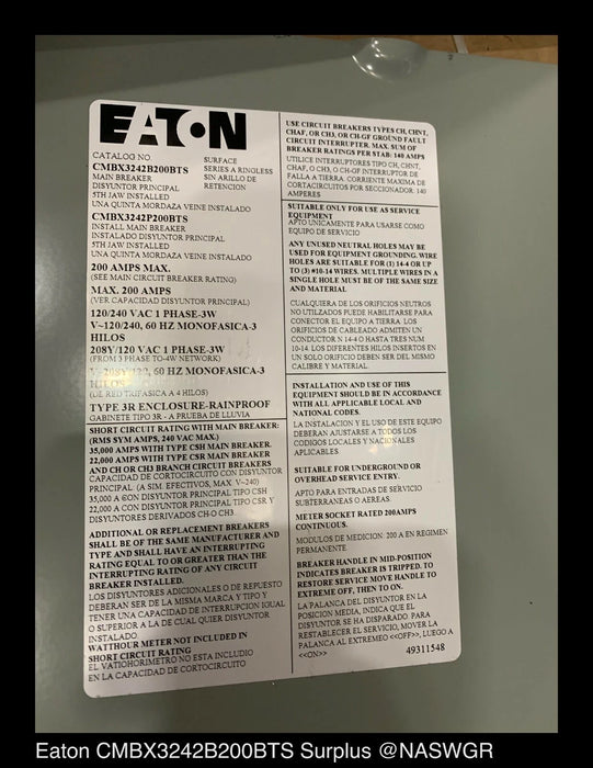 Eaton CMBX3242B200BTS Residential Meter Breaker - 200A/240V/N3R - Unused