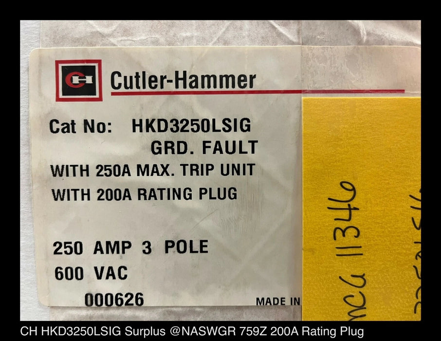Cutler Hammer HKD3250LSIG Molded Case Circuit Breaker -200 Amp- Unused/Warranty
