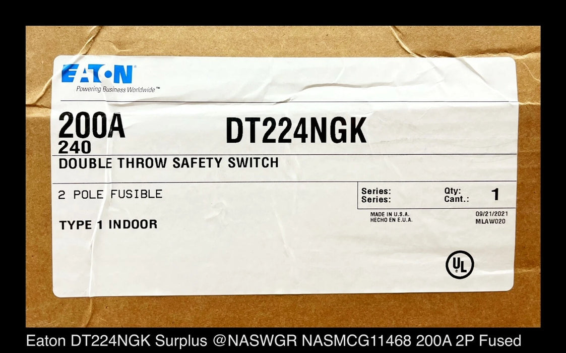 Eaton DT224NGK Heavy Duty Double Throw Safety Switch -200A/240V/2P/N1- Unused